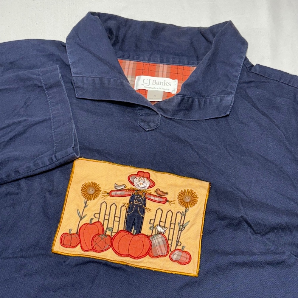 CJ Banks Scarecrow Pumpkin Patch Top Women Size X Navy Blue Fall Embroidery Tie